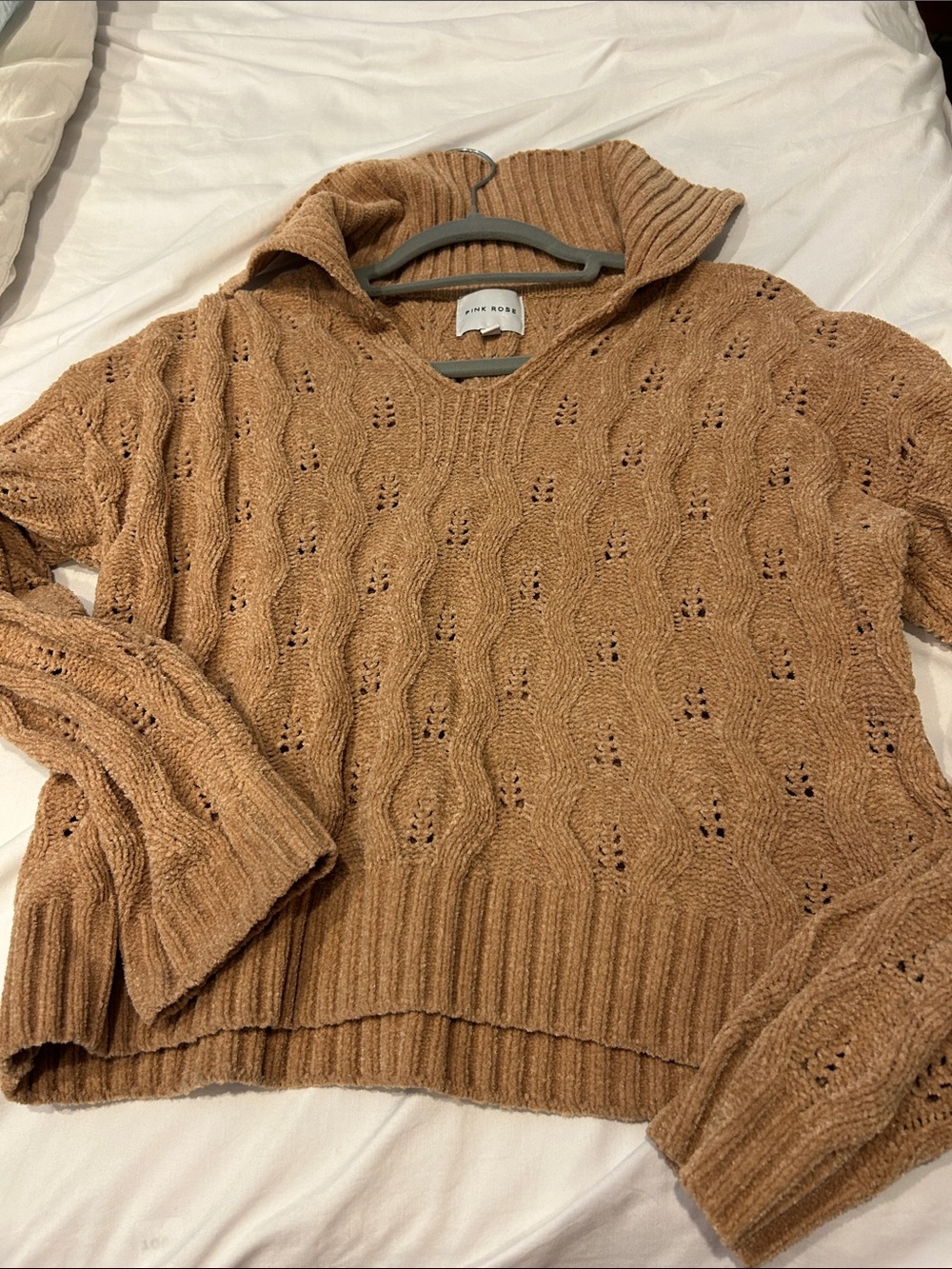 Pink Rose Camel Cable-Knit Funnel Neck Sweater